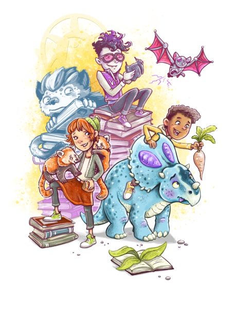 Illustration mit Kindern, Tieren und anderen Wesen